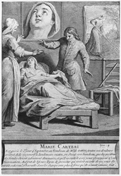 Miraculous healing of a blind woman, Marie Carteri, on the tomb of Deacon Francois de Paris at the parish cemetery Saint-Medard in Paris, engraved by Pieter Yver